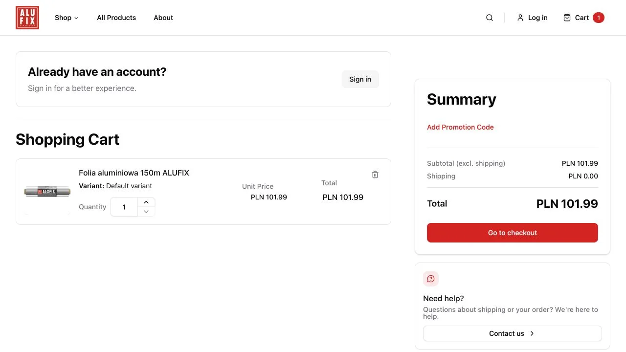 Alufix basket with a product, order summary and checkout action