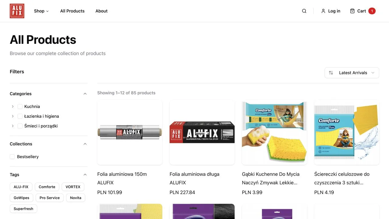 Alufix catalogue with categories, filters and a product list