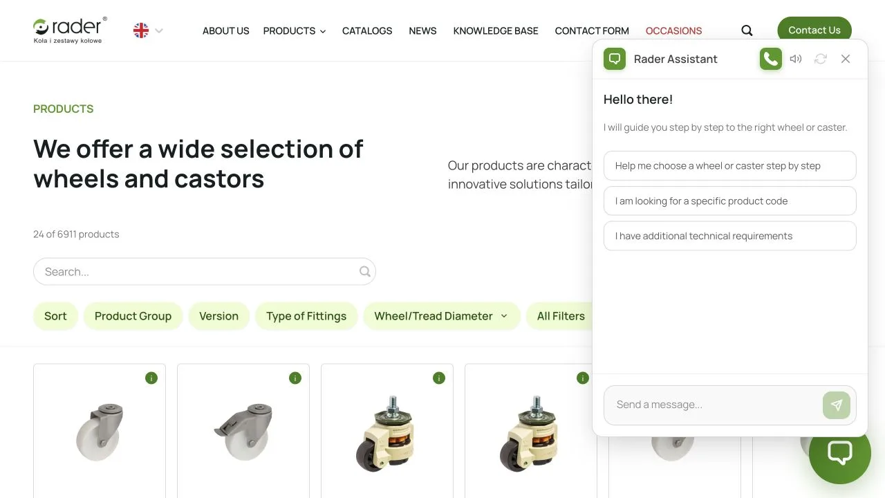 Rader Assistant open next to the product catalogue