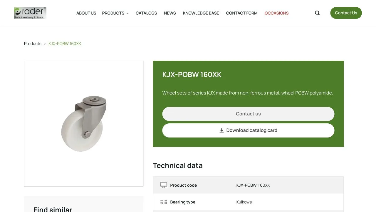 Rader product page with technical data